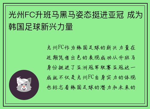 光州FC升班马黑马姿态挺进亚冠 成为韩国足球新兴力量 光州FC升班马黑马姿态挺进亚冠 成为韩国足球新兴力量