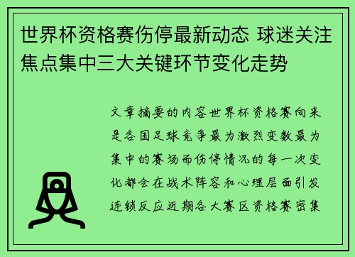 世界杯资格赛伤停最新动态 球迷关注焦点集中三大关键环节变化走势 世界杯资格赛伤停最新动态 球迷关注焦点集中三大关键环节变化走势